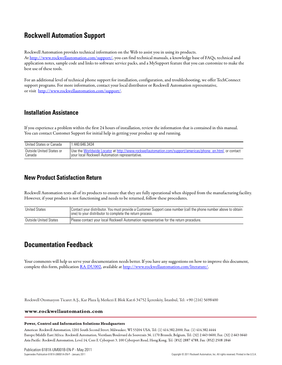 Rockwell support, Rockwell automation support, Documentation feedback | Installation assistance, New product satisfaction return | Rockwell Automation 6181X-12TPXPDC Industrial Integrated Computers for Hazardous Locations User Manual | Page 68 / 68