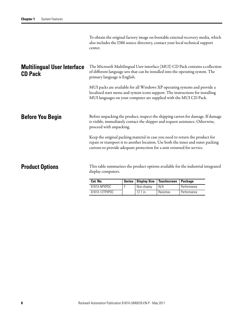 Multilingual user interface cd pack, Before you begin, Product options | Rockwell Automation 6181X-12TPXPDC Industrial Integrated Computers for Hazardous Locations User Manual | Page 8 / 68