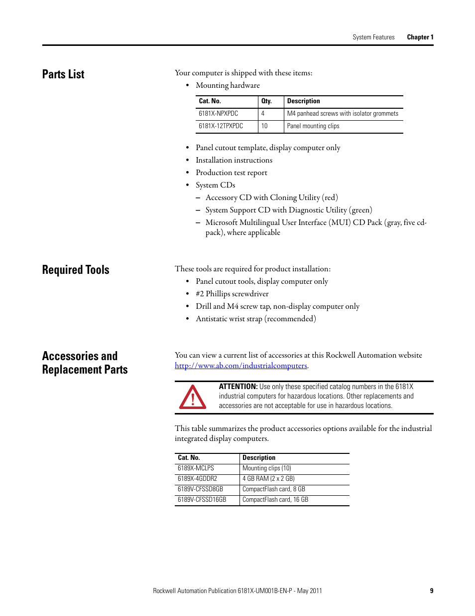 Parts list, Required tools, Accessories and replacement parts | Rockwell Automation 6181X-12TPXPDC Industrial Integrated Computers for Hazardous Locations User Manual | Page 9 / 68