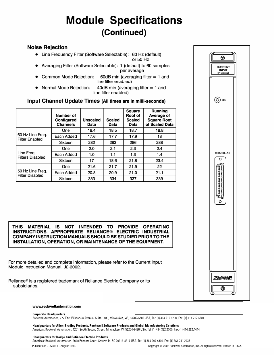 Noise rejection, Input channel update times, Back cover | Rockwell Automation 61C540 Current Input Module User Manual | Page 2 / 2
