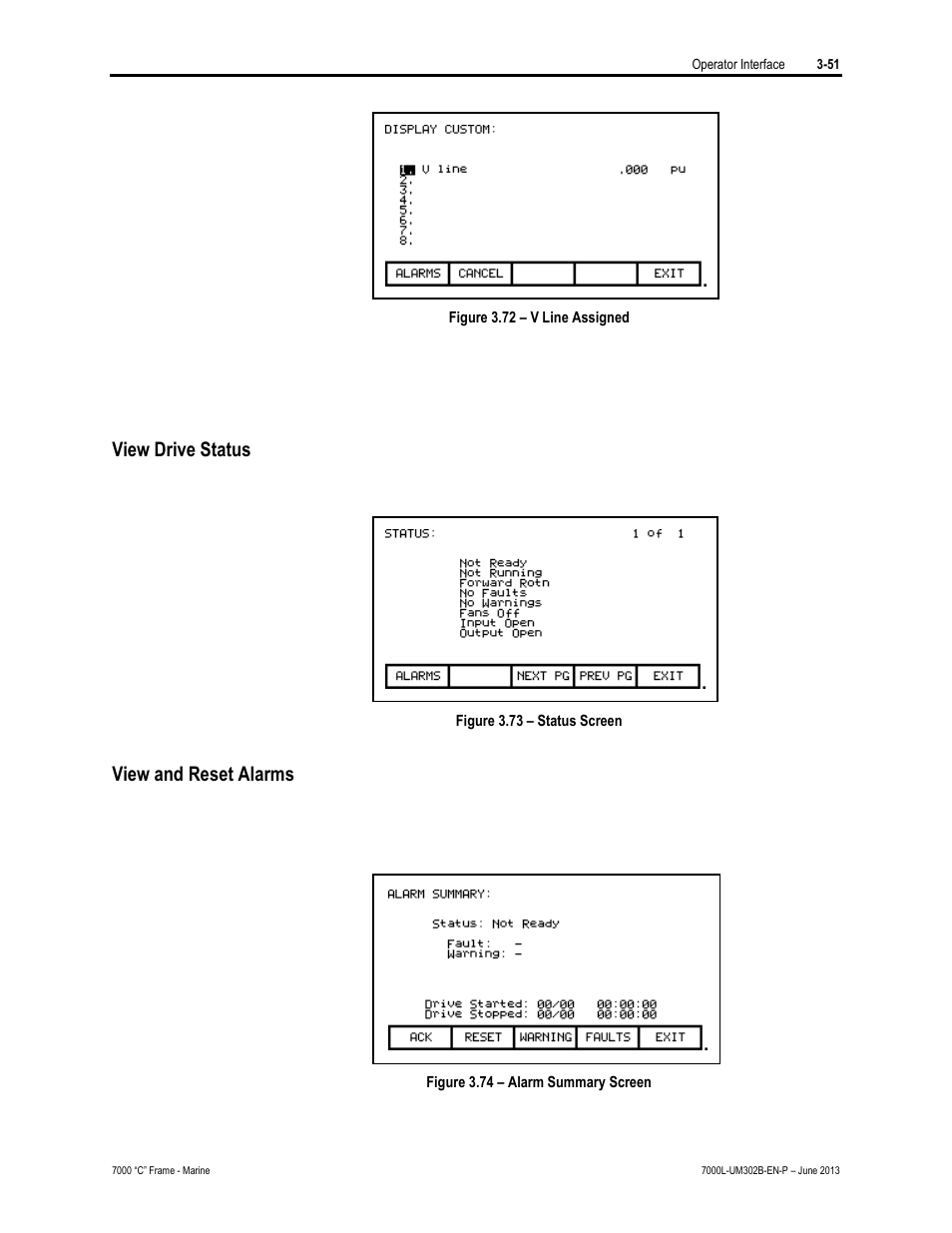 View drive status, View and reset alarms | Rockwell Automation 7000L PowerFlex 7000 Medium Voltage AC Drive C Frame - Marine User Manual | Page 147 / 350
