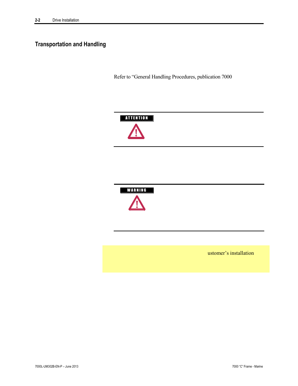 Transportation and handling | Rockwell Automation 7000L PowerFlex 7000 Medium Voltage AC Drive C Frame - Marine User Manual | Page 32 / 350