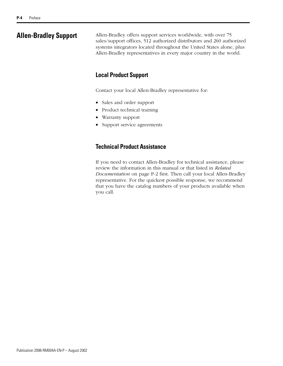 Allen-bradley support, Local product support, Technical product assistance | Rockwell Automation 2098-DSD-xxx Ultra3000 Digital Servo Drives with DeviceNet User Manual | Page 10 / 124