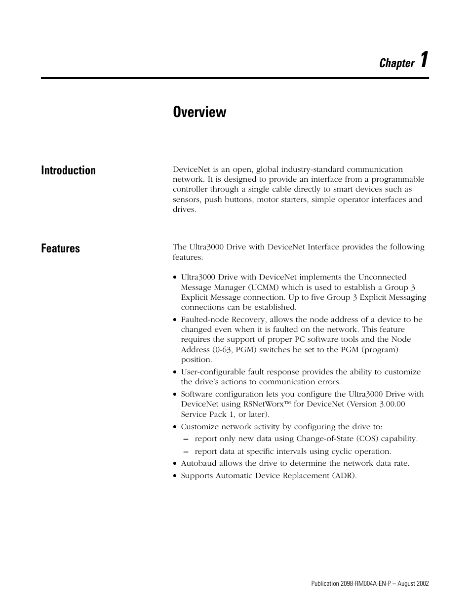 1 - overview, Introduction, Features | Chapter 1, Overview, Introduction -1 features -1, Chapter | Rockwell Automation 2098-DSD-xxx Ultra3000 Digital Servo Drives with DeviceNet User Manual | Page 11 / 124