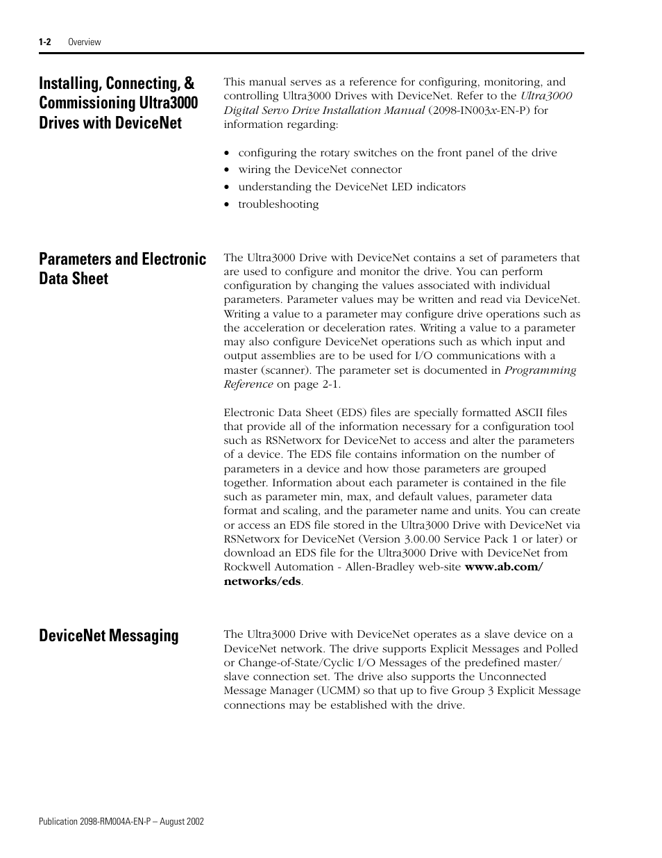 Parameters and electronic data sheet, Devicenet messaging, Electronic data sheet downloads | Rockwell Automation 2098-DSD-xxx Ultra3000 Digital Servo Drives with DeviceNet User Manual | Page 12 / 124