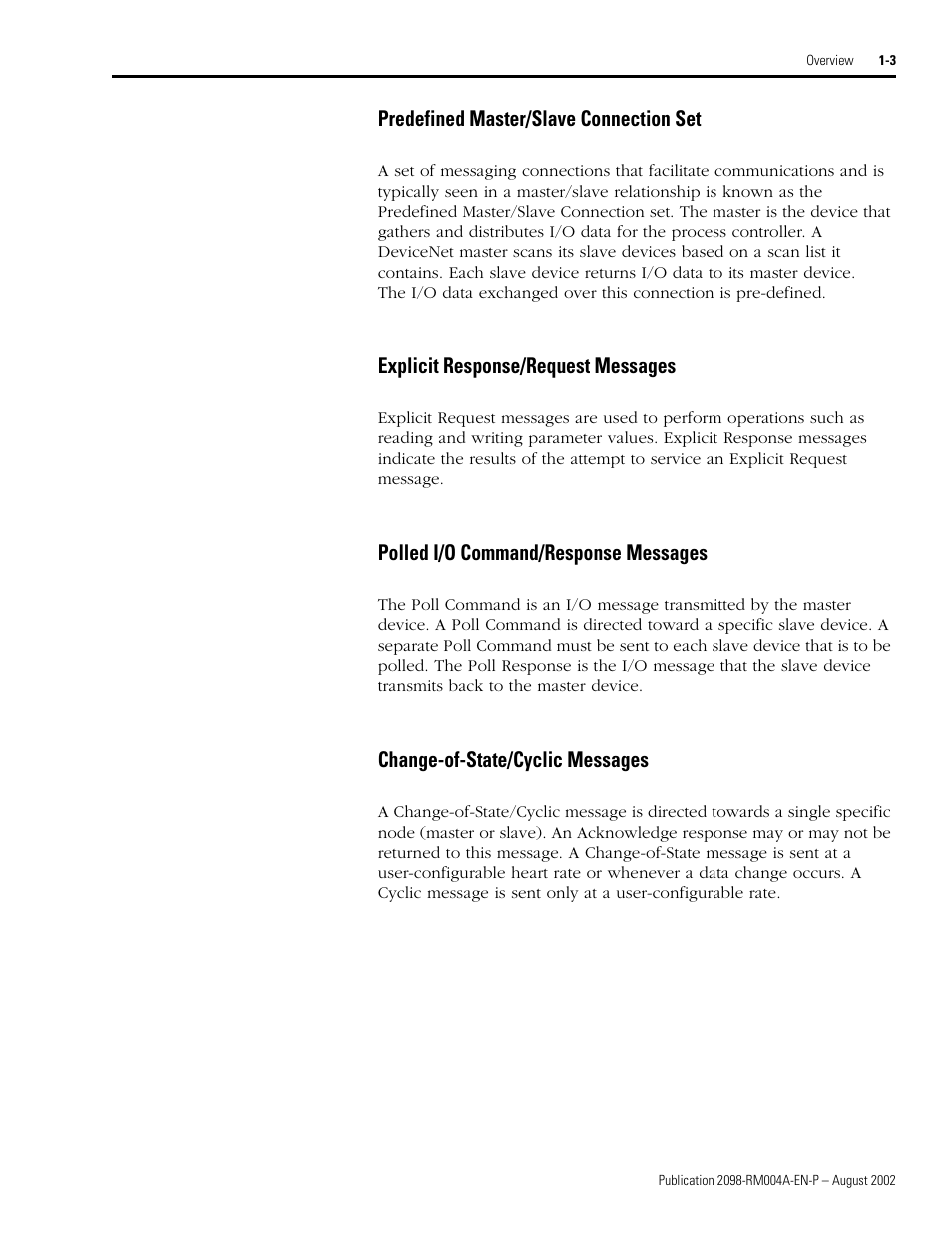 Predefined master/slave connection set, Explicit response/request messages, Polled i/o command/response messages | Change-of-state/cyclic messages | Rockwell Automation 2098-DSD-xxx Ultra3000 Digital Servo Drives with DeviceNet User Manual | Page 13 / 124