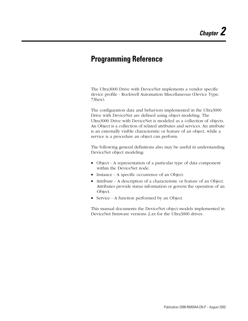 2 - programming reference, Chapter 2, Programming reference | 2 programming, Reference, Chapter | Rockwell Automation 2098-DSD-xxx Ultra3000 Digital Servo Drives with DeviceNet User Manual | Page 17 / 124