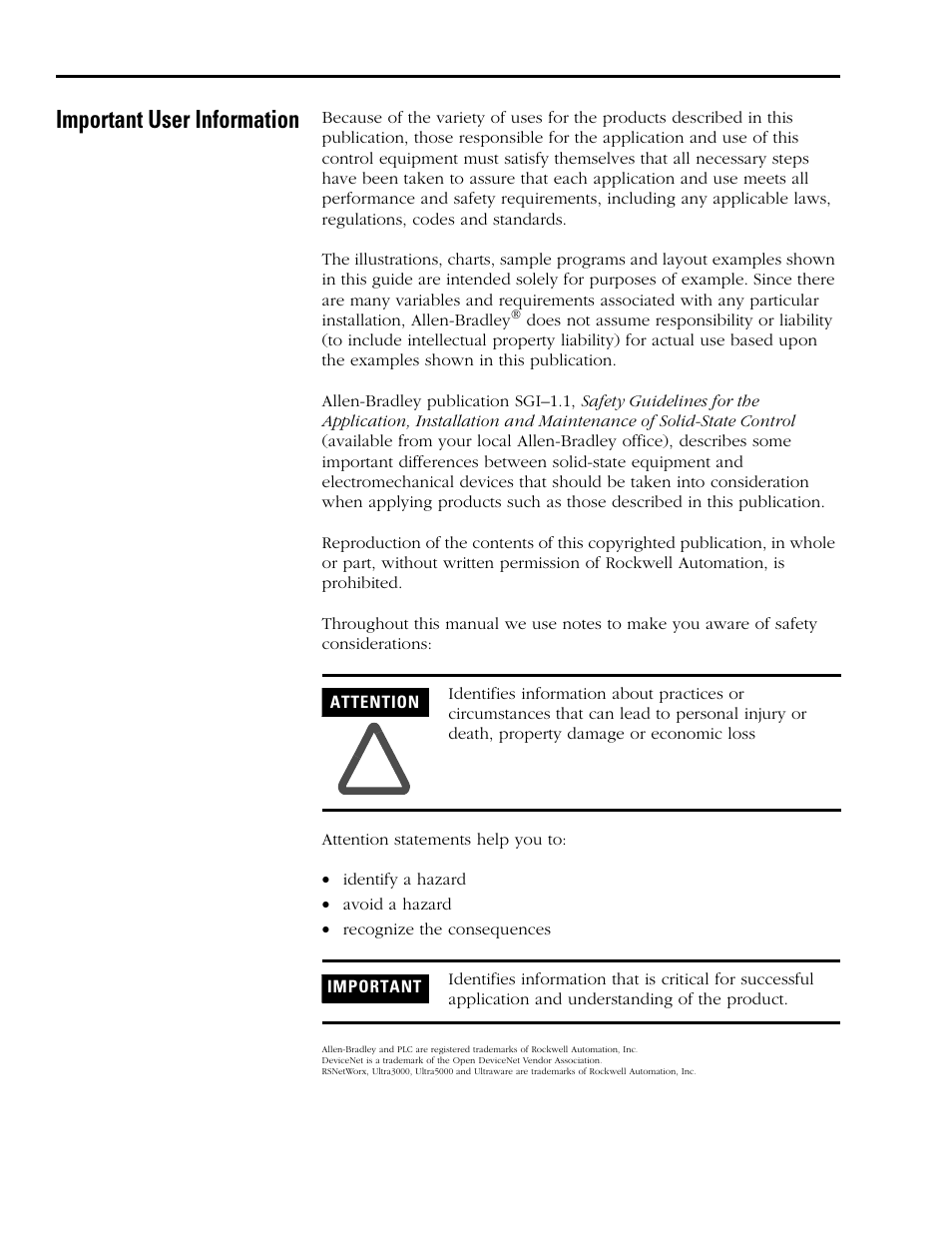 Important user information | Rockwell Automation 2098-DSD-xxx Ultra3000 Digital Servo Drives with DeviceNet User Manual | Page 2 / 124