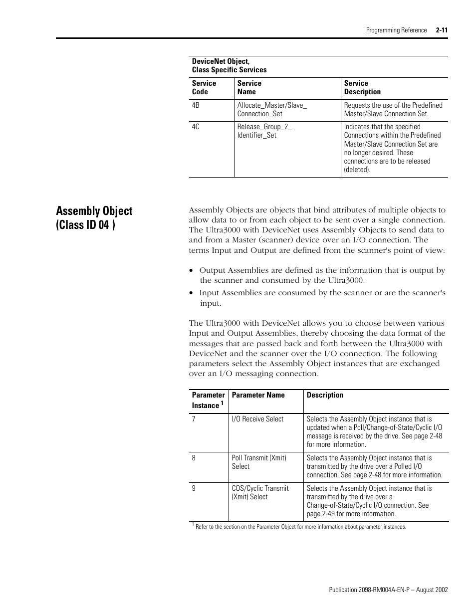 Assembly object (classid04h), Assembly object (class id 04 | Rockwell Automation 2098-DSD-xxx Ultra3000 Digital Servo Drives with DeviceNet User Manual | Page 27 / 124
