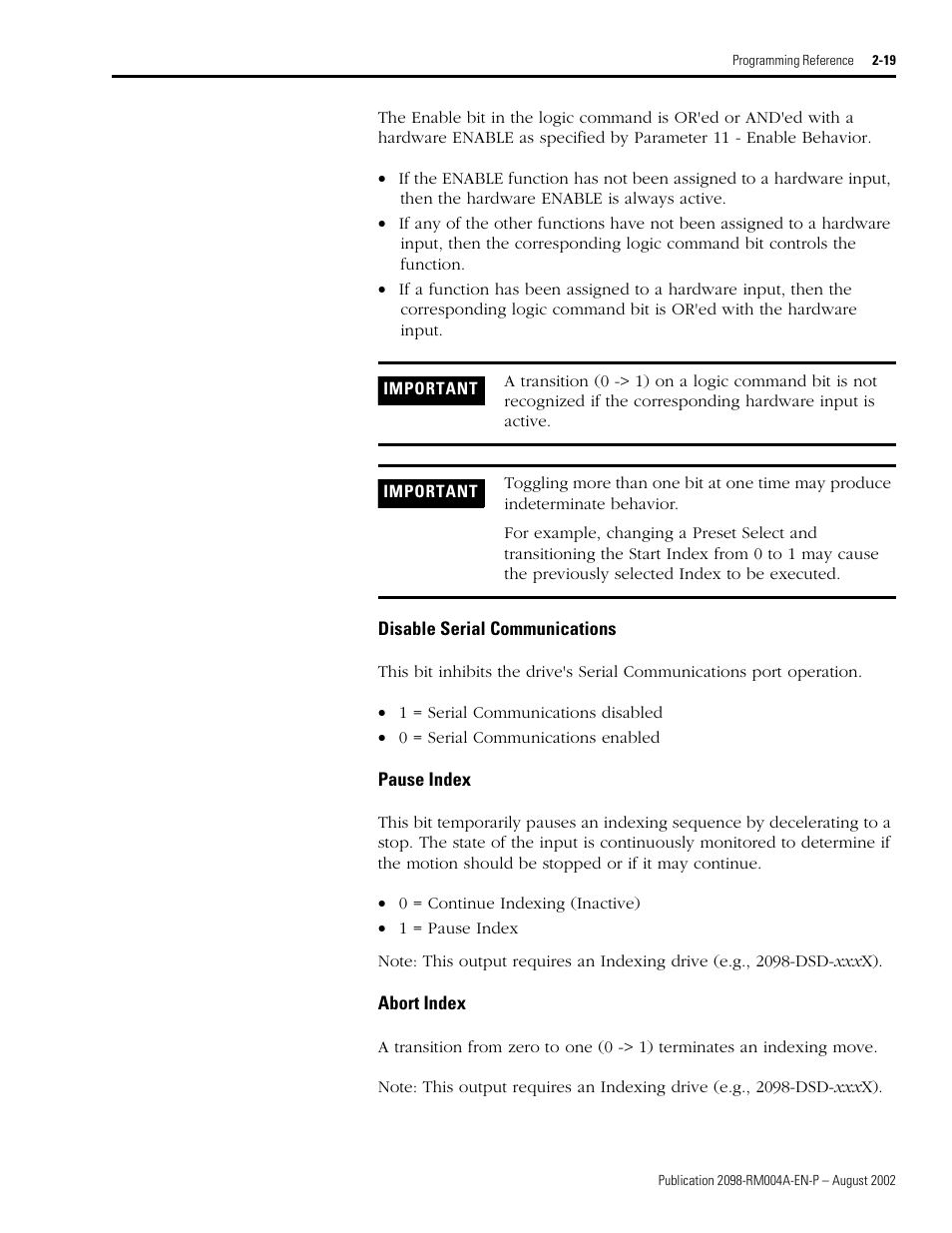 Disable serial communications, Pause index, Abort index | Disable serial communicati ons | Rockwell Automation 2098-DSD-xxx Ultra3000 Digital Servo Drives with DeviceNet User Manual | Page 35 / 124
