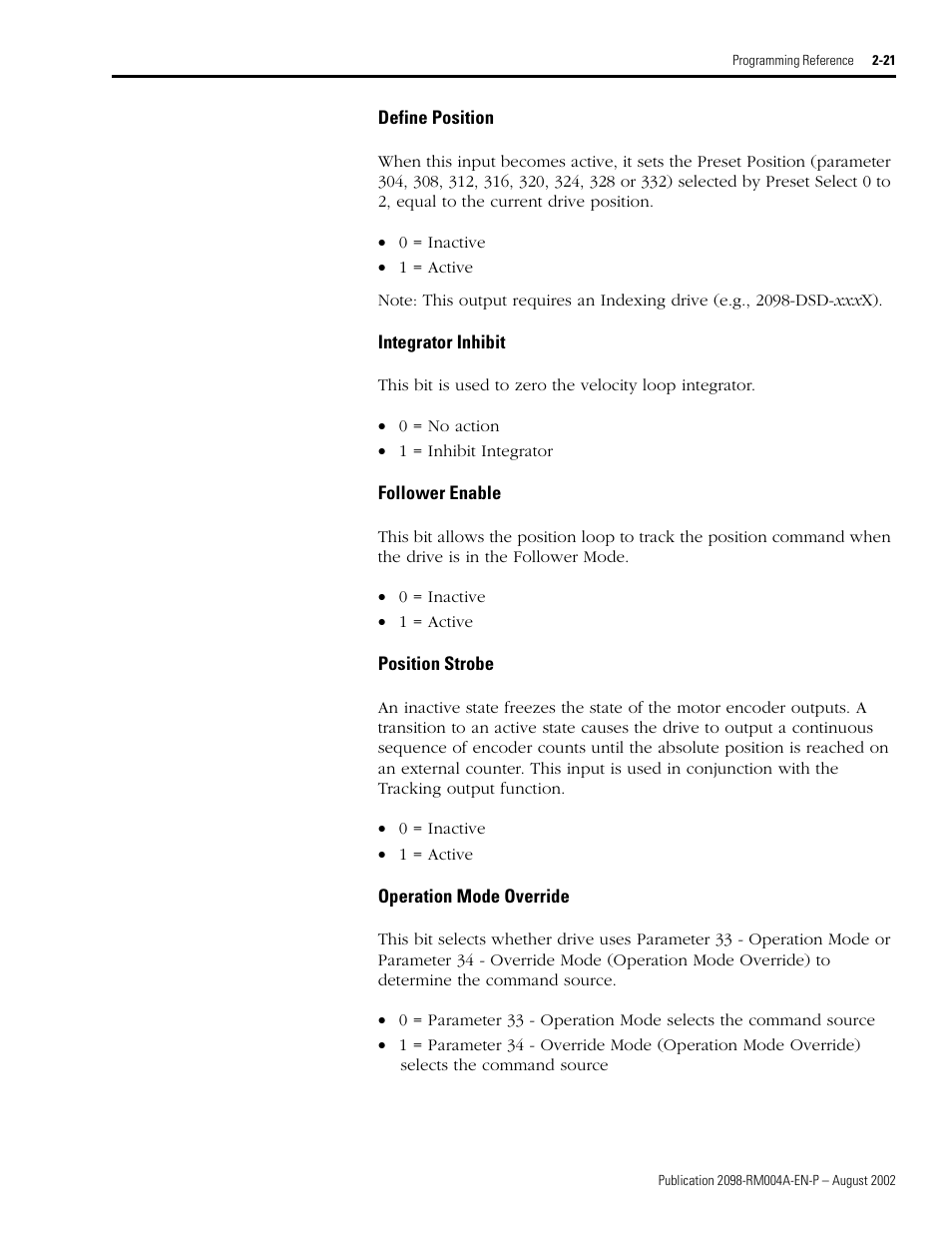 Define position, Integrator inhibit, Follower enable | Position strobe, Operation mode override, Operation mode override -21 | Rockwell Automation 2098-DSD-xxx Ultra3000 Digital Servo Drives with DeviceNet User Manual | Page 37 / 124