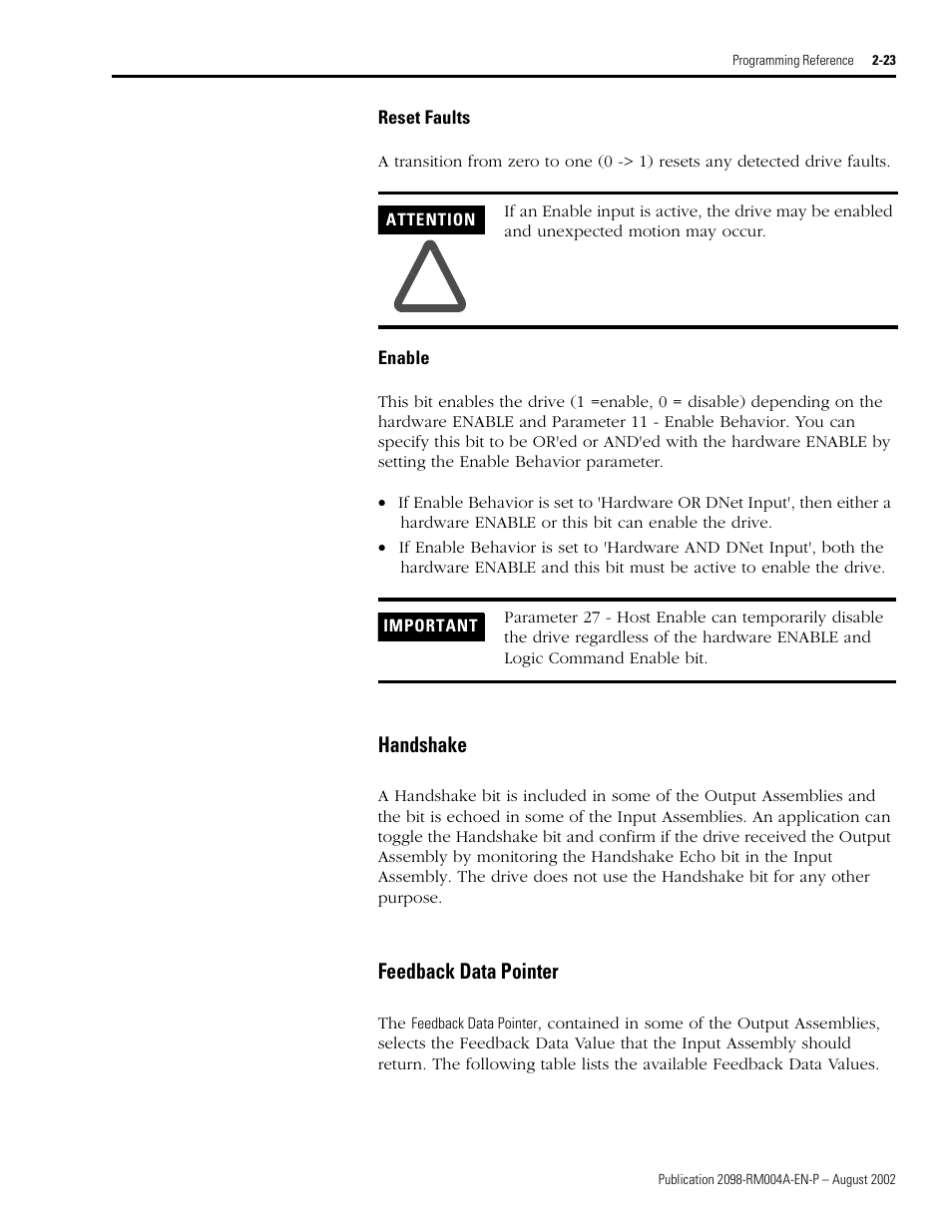 Reset faults, Enable, Handshake | Feedback data pointer, Reset faults -23 enable -23, Handshake -23 feedback data pointer -23, Handshake bit, feedback data pointer, and, D feedback data pointer | Rockwell Automation 2098-DSD-xxx Ultra3000 Digital Servo Drives with DeviceNet User Manual | Page 39 / 124