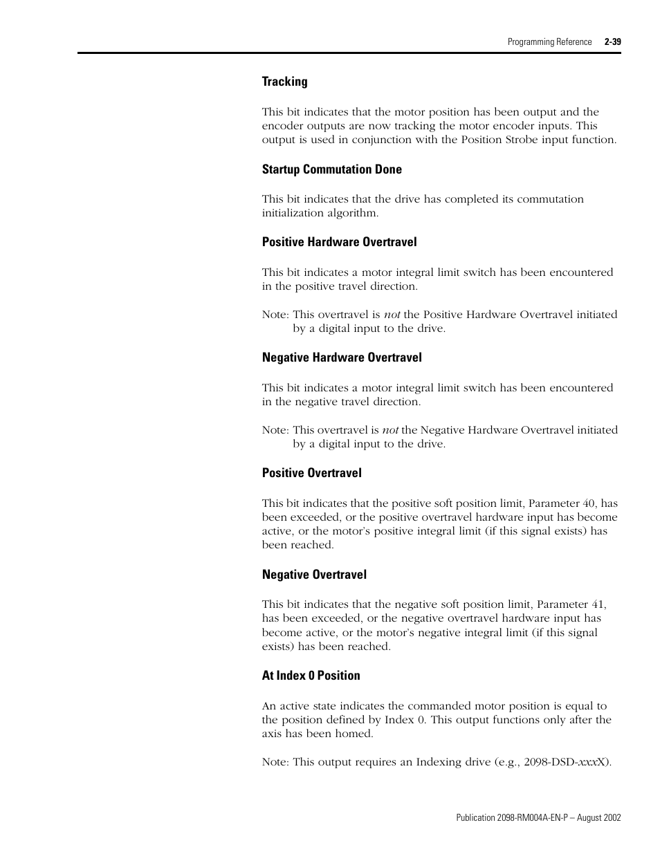 Tracking, Startup commutation done, Positive hardware overtravel | Negative hardware overtravel, Positive overtravel, Negative overtravel, At index 0 position, Startup commutation done bit, Startup commutatio n done | Rockwell Automation 2098-DSD-xxx Ultra3000 Digital Servo Drives with DeviceNet User Manual | Page 55 / 124