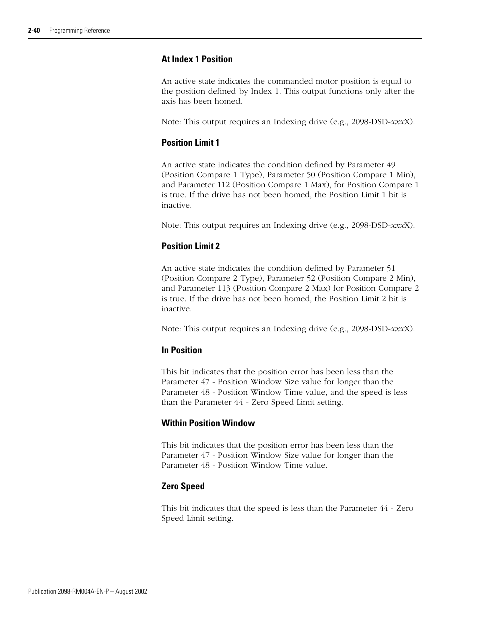 At index 1 position, Position limit 1, Position limit 2 | In position, Within position window, Zero speed | Rockwell Automation 2098-DSD-xxx Ultra3000 Digital Servo Drives with DeviceNet User Manual | Page 56 / 124