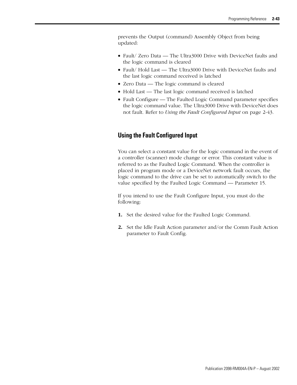 Using the fault configured input, Using the fault configured input -43 | Rockwell Automation 2098-DSD-xxx Ultra3000 Digital Servo Drives with DeviceNet User Manual | Page 59 / 124