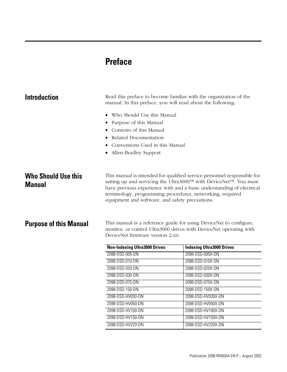 Preface, Introduction, Who should use this manual | Purpose of this manual | Rockwell Automation 2098-DSD-xxx Ultra3000 Digital Servo Drives with DeviceNet User Manual | Page 7 / 124