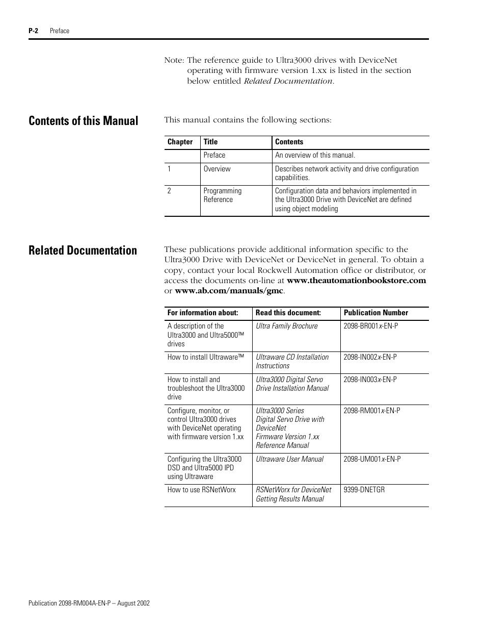 Contents of this manual, Related documentation, On-line documentation | Rockwell Automation 2098-DSD-xxx Ultra3000 Digital Servo Drives with DeviceNet User Manual | Page 8 / 124