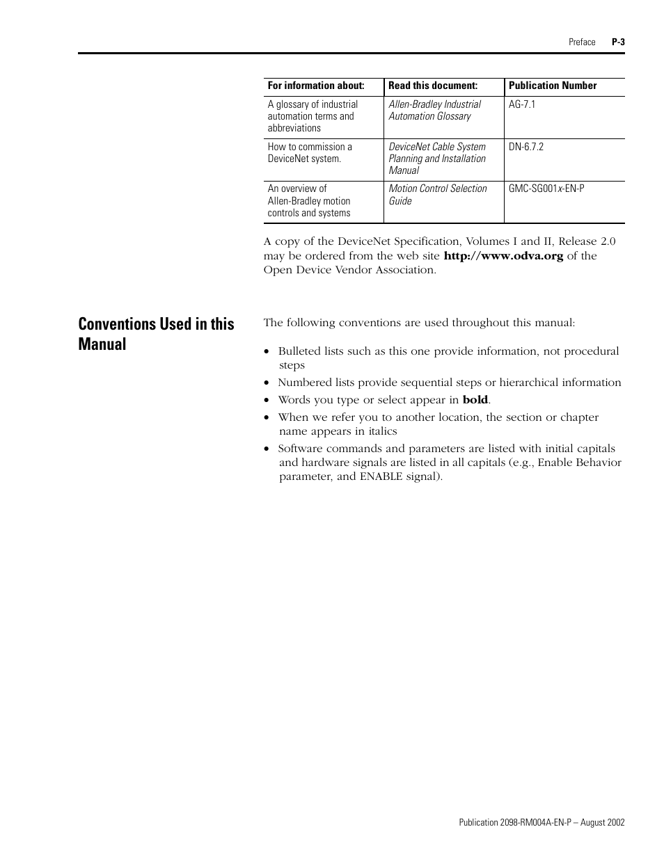Conventions used in this manual, Open device vendor assoc | Rockwell Automation 2098-DSD-xxx Ultra3000 Digital Servo Drives with DeviceNet User Manual | Page 9 / 124