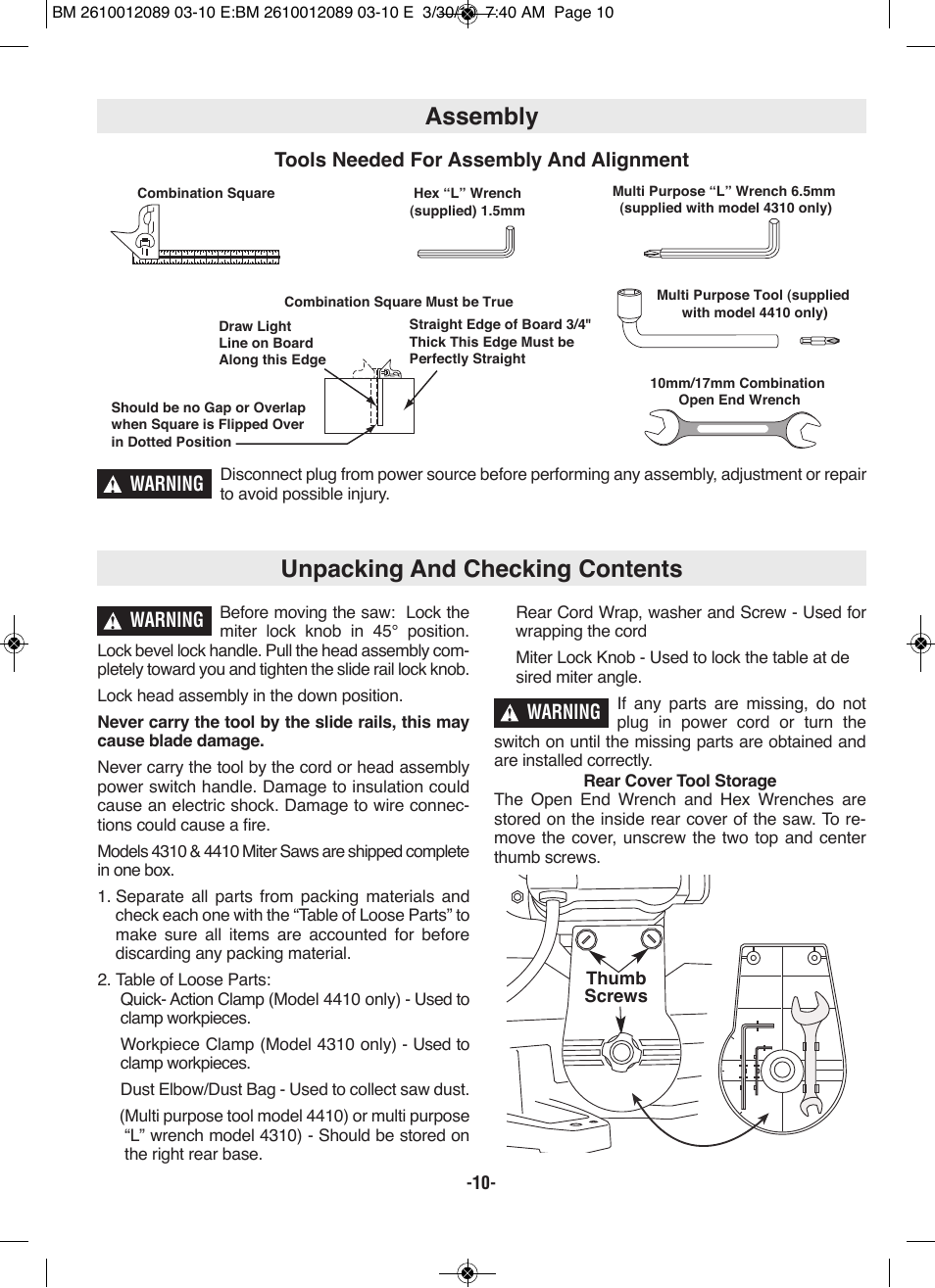 Assembly, Unpacking and checking contents, Tools needed for assembly and alignment | Warning | Bosch 4310 User Manual | Page 10 / 120