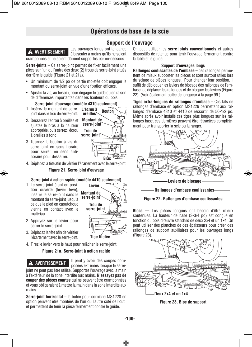 Opérations de base de la scie, Support de l’ouvrage | Bosch 4310 User Manual | Page 100 / 120