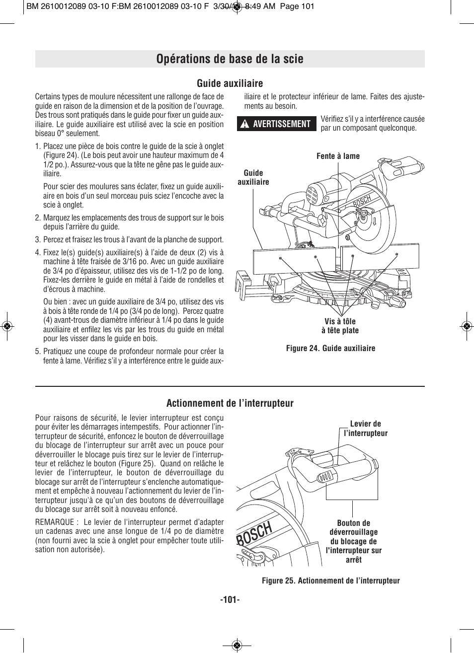 Opérations de base de la scie | Bosch 4310 User Manual | Page 101 / 120