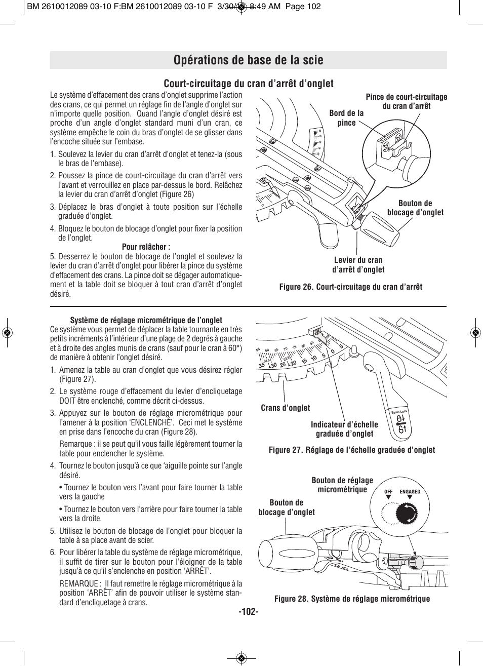 Opérations de base de la scie, Court-circuitage du cran d’arrêt d’onglet | Bosch 4310 User Manual | Page 102 / 120