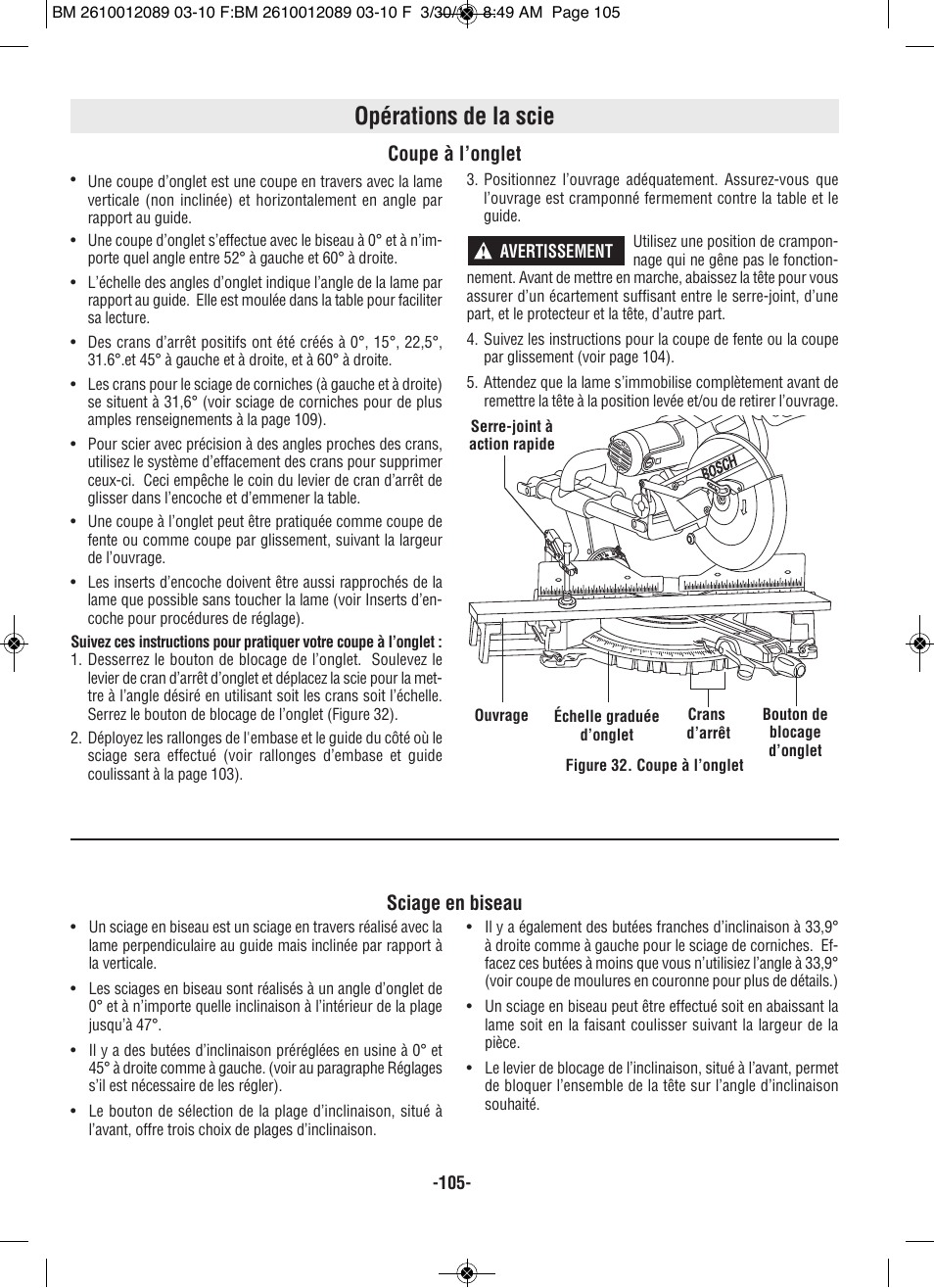 Opérations de la scie, Coupe à l’onglet, Sciage en biseau | Bosch 4310 User Manual | Page 105 / 120