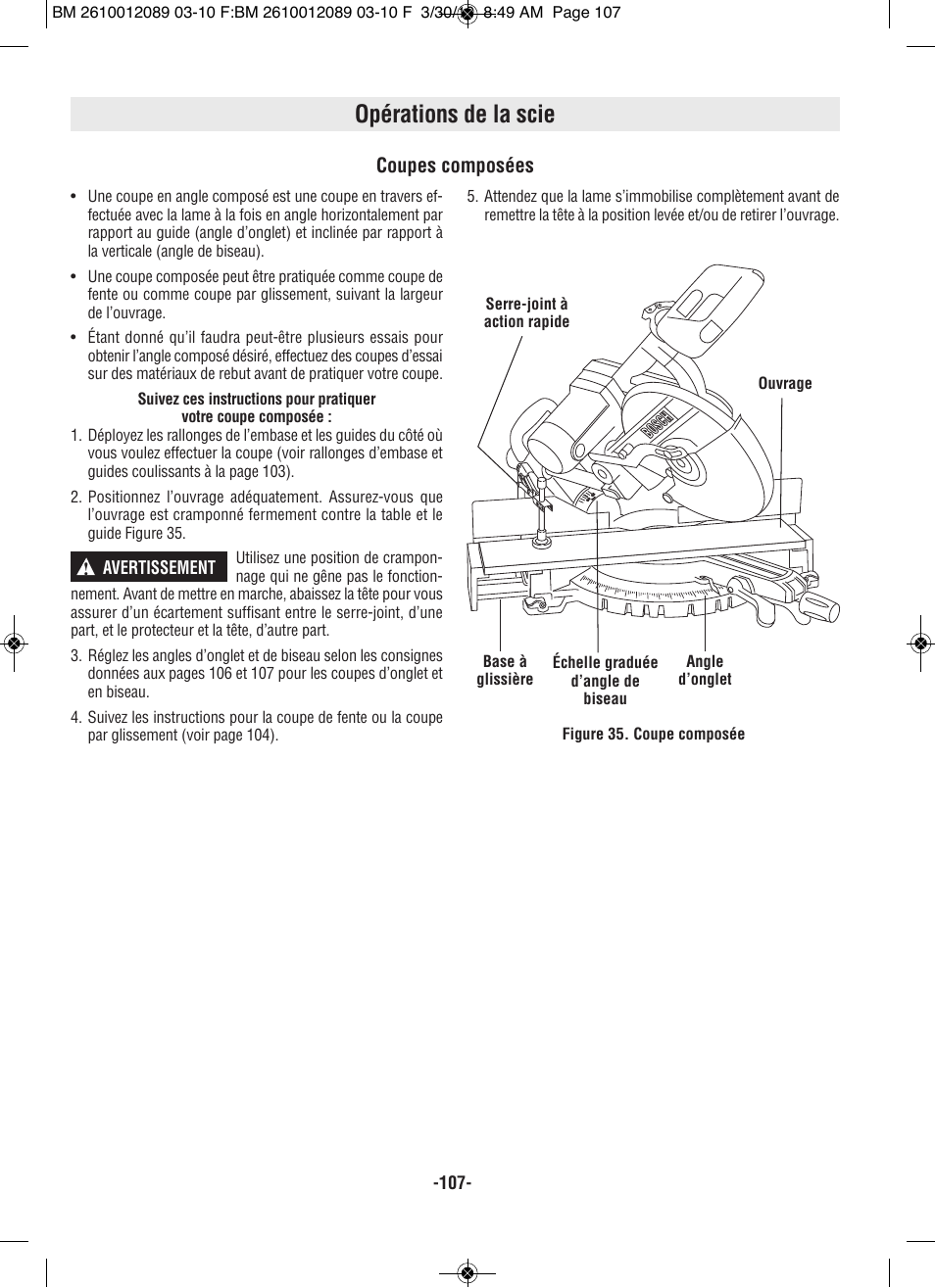 Opérations de la scie, Coupes composées | Bosch 4310 User Manual | Page 107 / 120