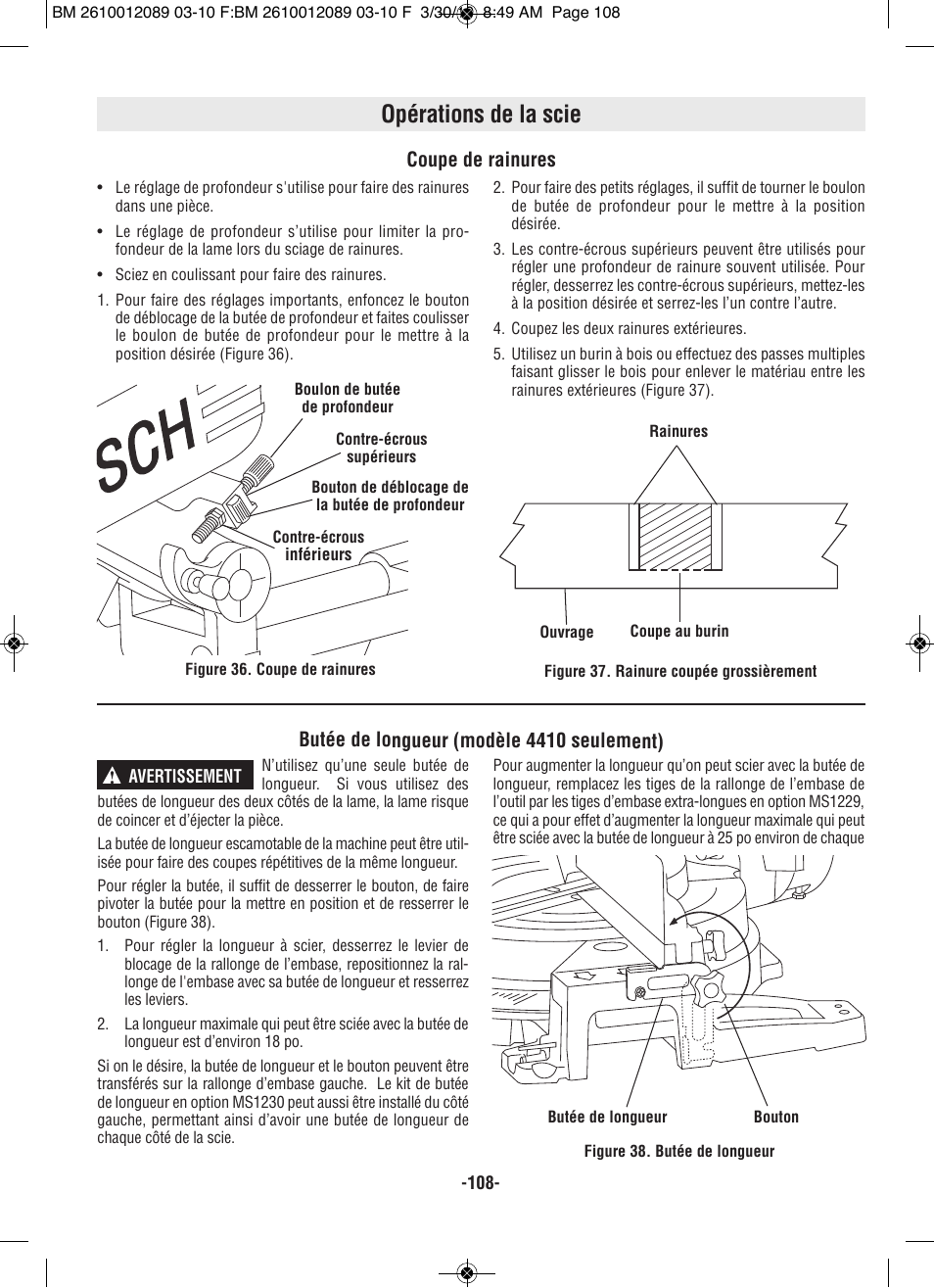 Opérations de la scie, Coupe de rainures, Butée de longueur (modèle 4410 seulement) | Bosch 4310 User Manual | Page 108 / 120