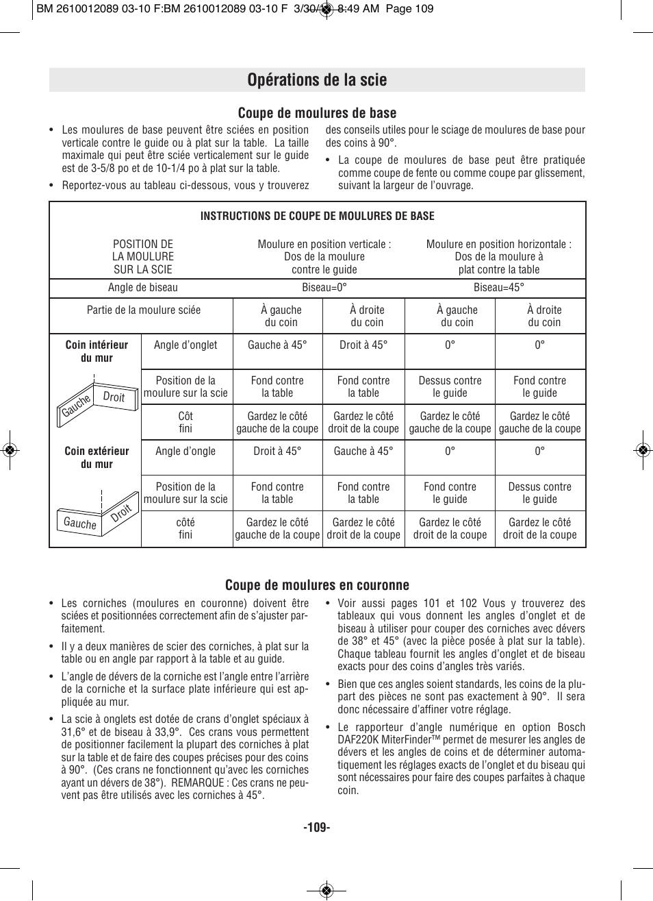 Opérations de la scie, Coupe de moulures de base, Coupe de moulures en couronne | Bosch 4310 User Manual | Page 109 / 120