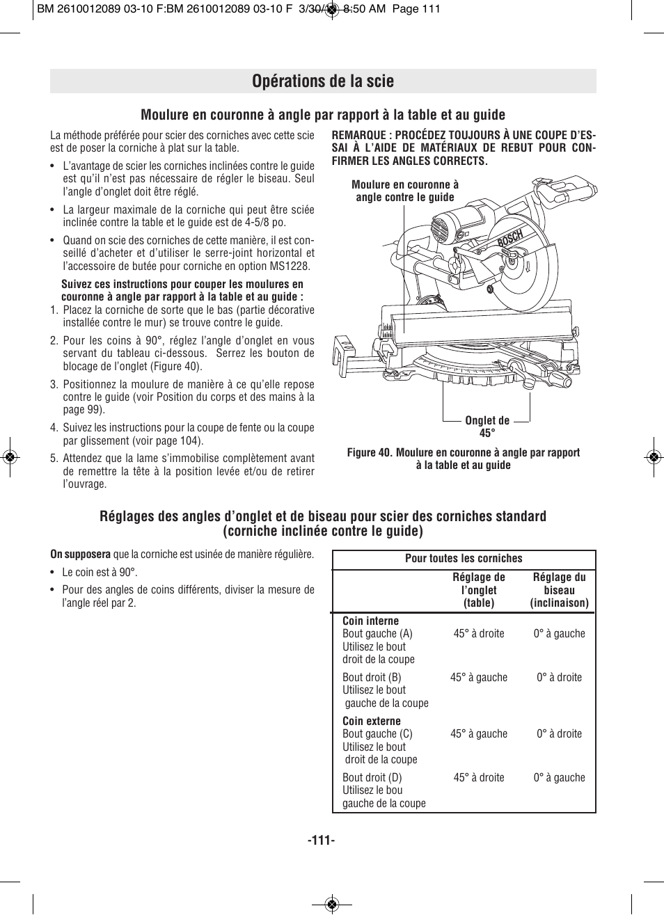 Opérations de la scie | Bosch 4310 User Manual | Page 111 / 120