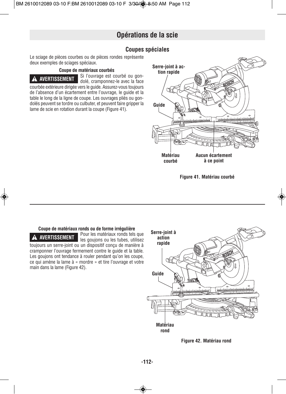 Opérations de la scie | Bosch 4310 User Manual | Page 112 / 120