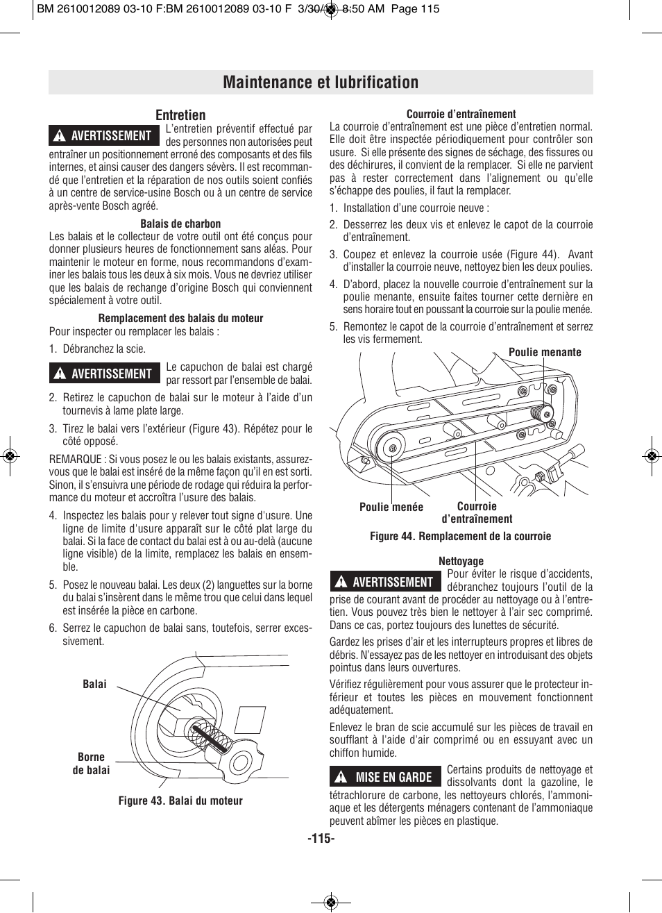 Maintenance et lubrification, Entretien | Bosch 4310 User Manual | Page 115 / 120