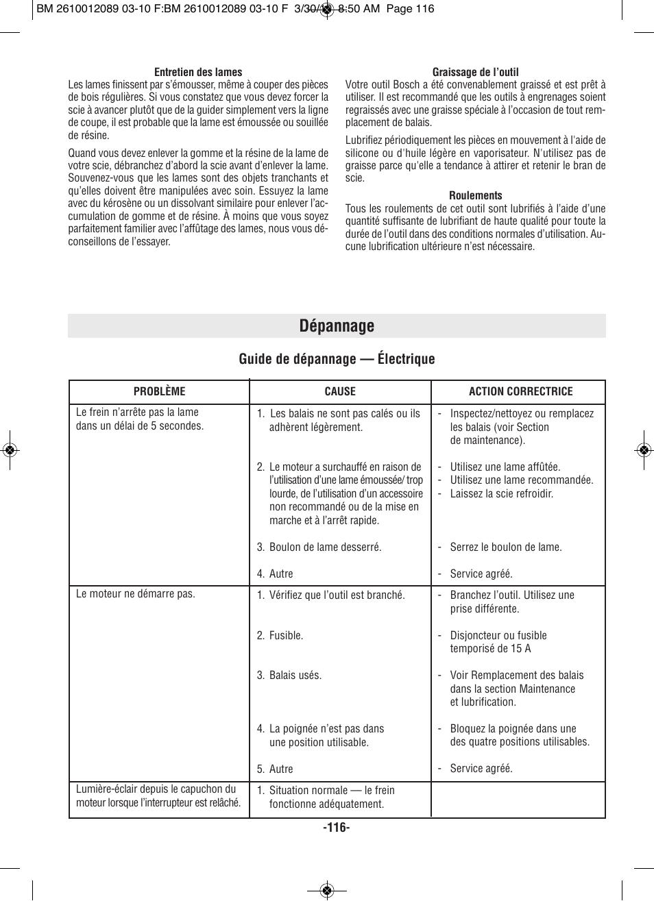 Dépannage, Guide de dépannage — électrique | Bosch 4310 User Manual | Page 116 / 120