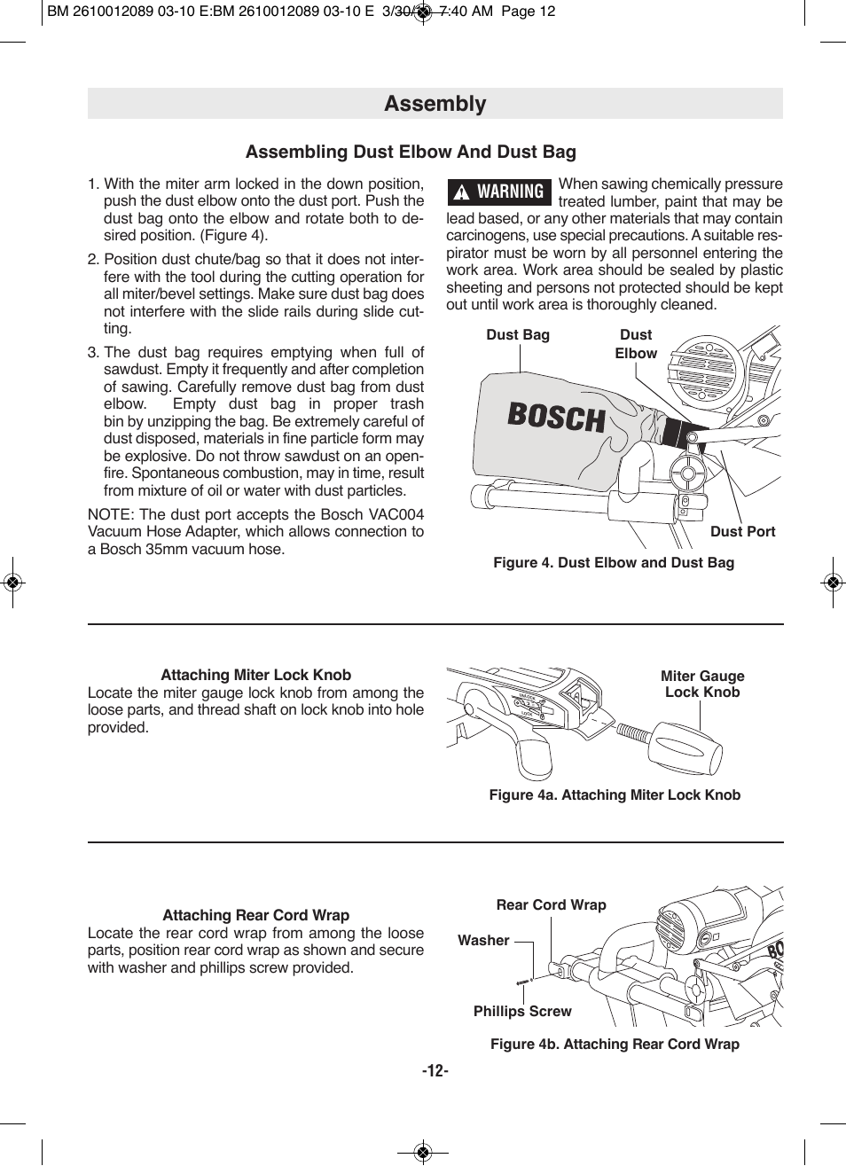 Assembly, Assembling dust elbow and dust bag, Warning | Bosch 4310 User Manual | Page 12 / 120