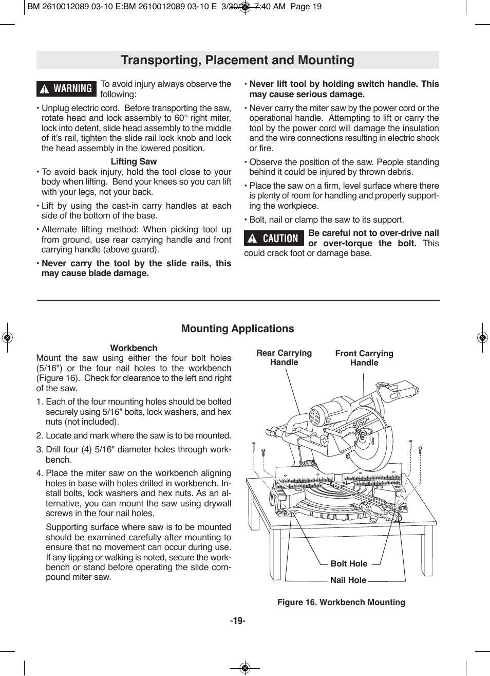 Transporting, placement and mounting | Bosch 4310 User Manual | Page 19 / 120