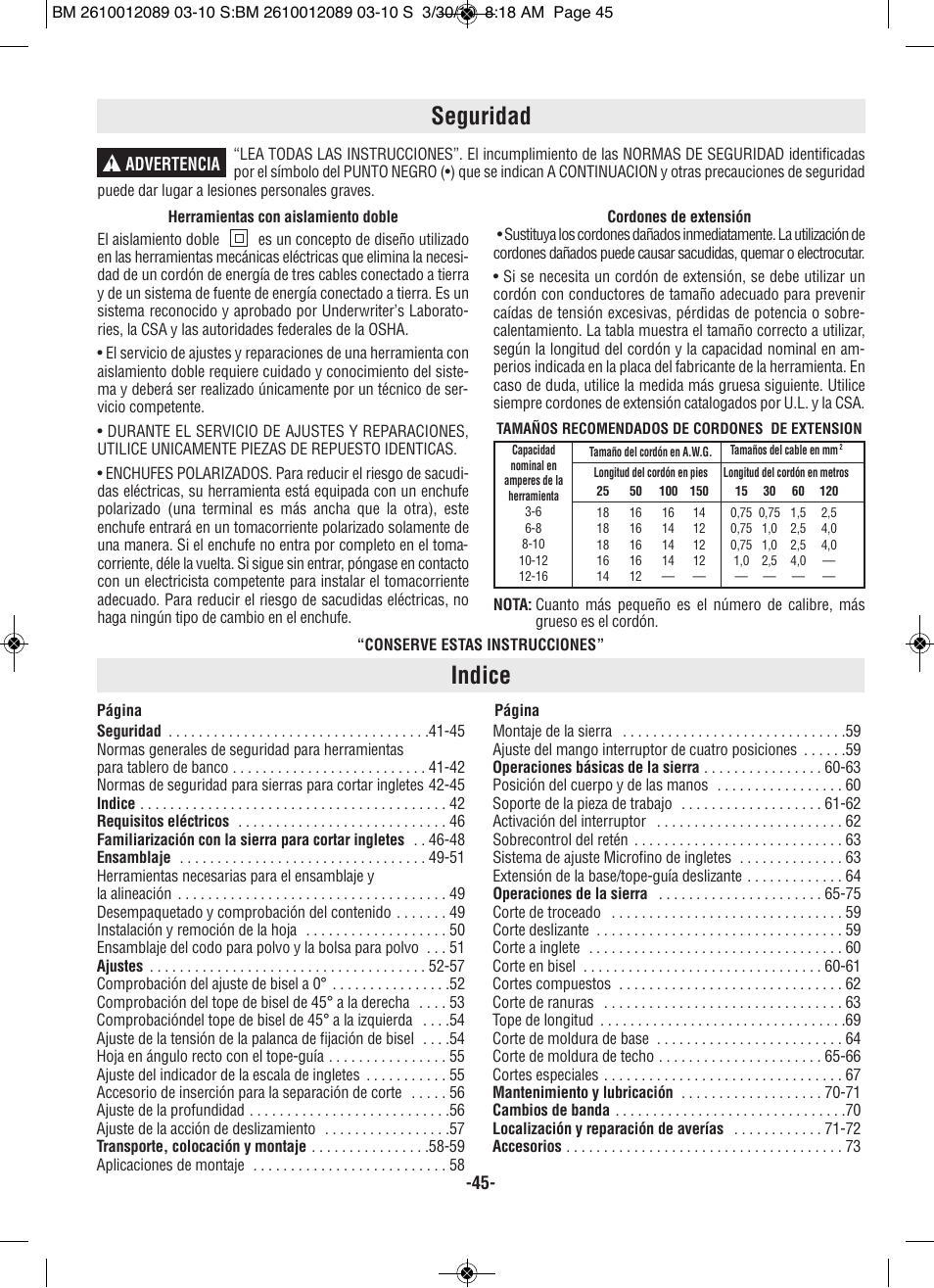 Seguridad, Indice | Bosch 4310 User Manual | Page 45 / 120