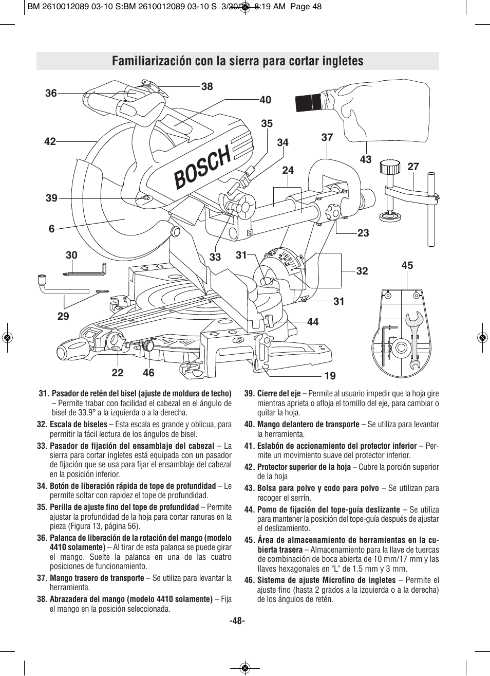 Familiarización con la sierra para cortar ingletes | Bosch 4310 User Manual | Page 48 / 120