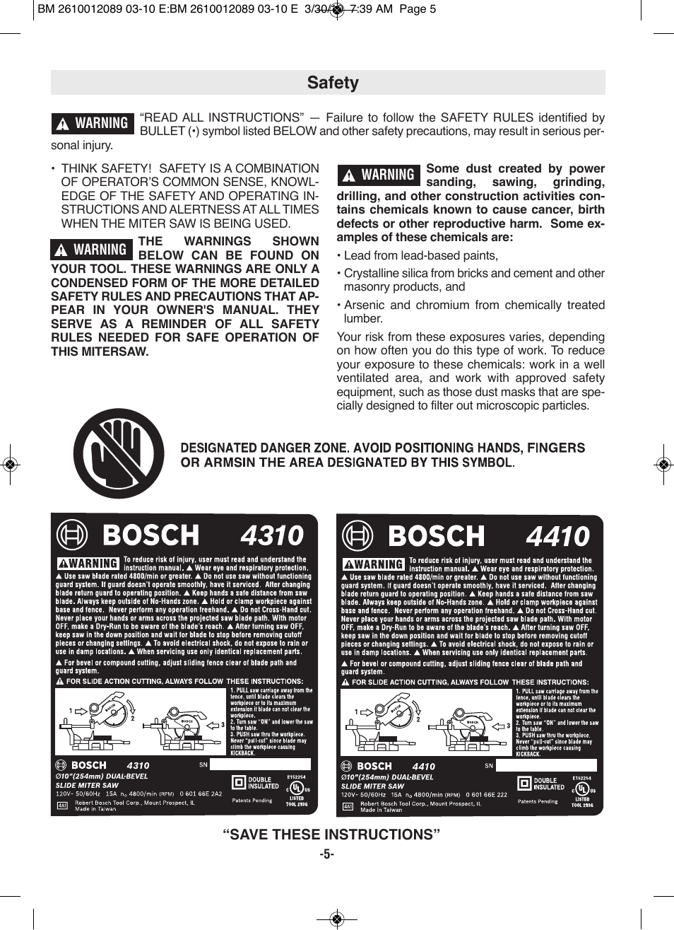 Safety | Bosch 4310 User Manual | Page 5 / 120