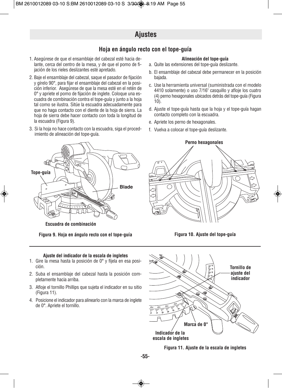 Ajustes, Hoja en ángulo recto con el tope-guía | Bosch 4310 User Manual | Page 55 / 120