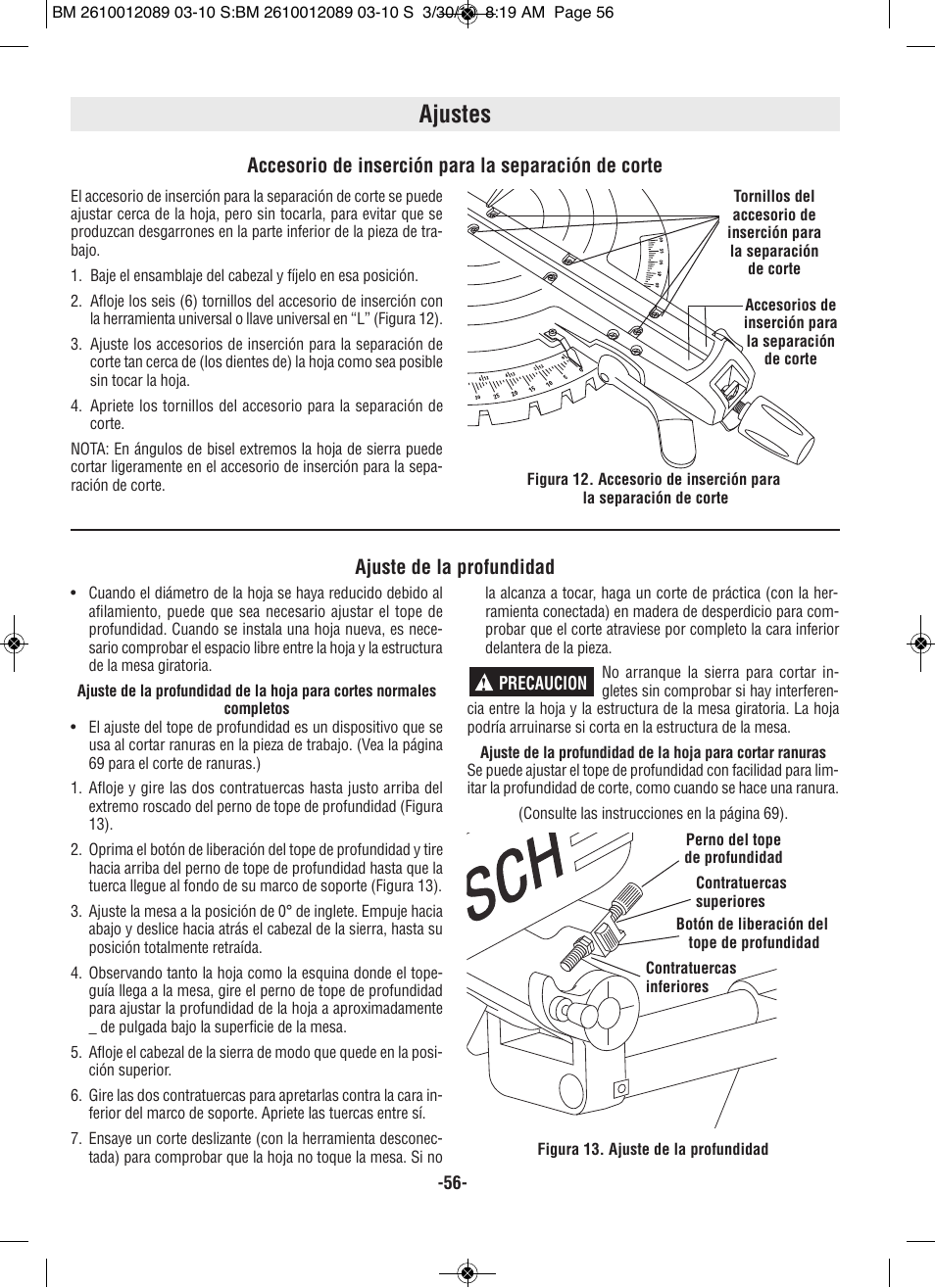 Ajustes, Accesorio de inserción para la separación de corte, Ajuste de la profundidad | Bosch 4310 User Manual | Page 56 / 120