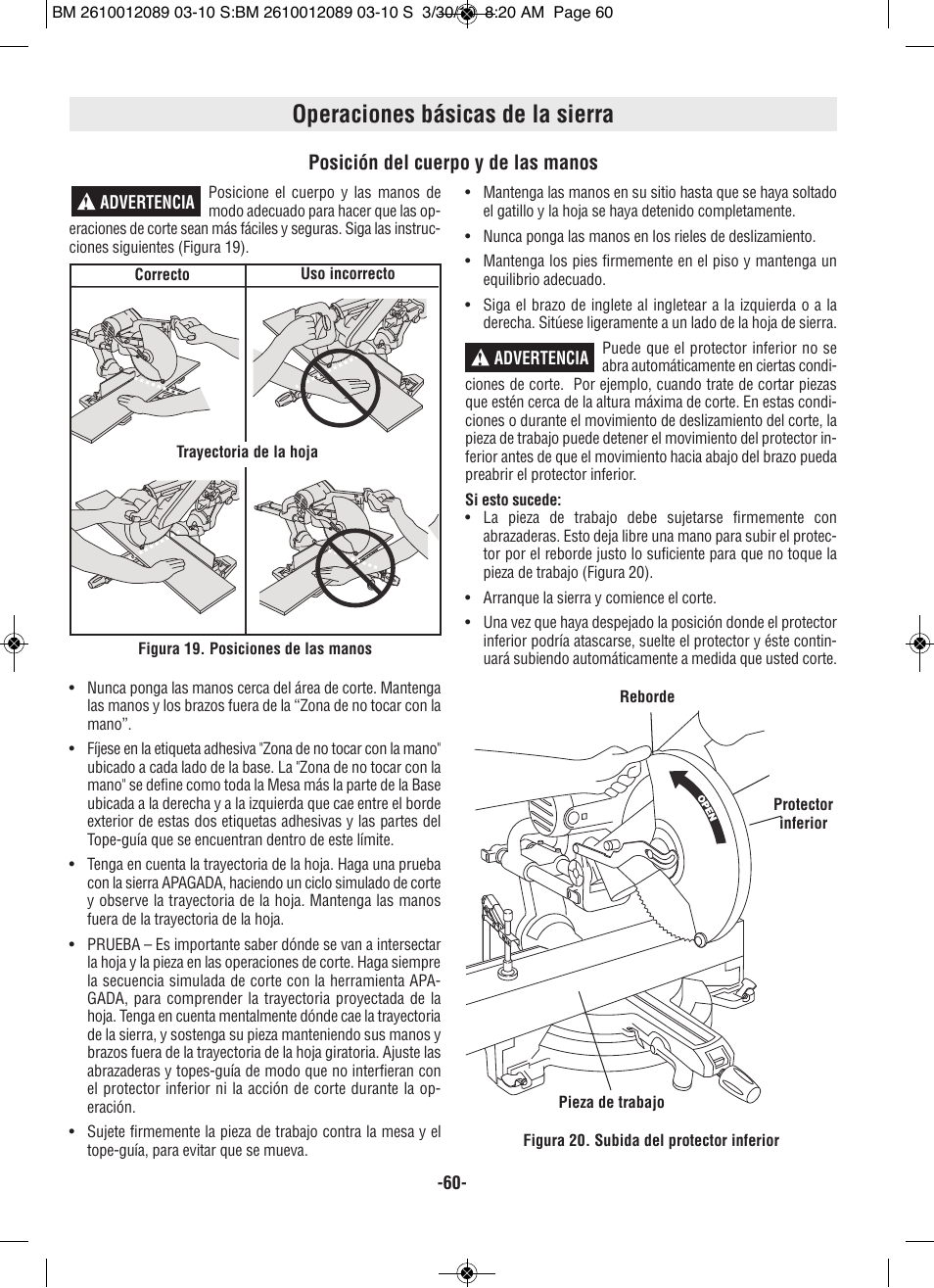 Operaciones básicas de la sierra, Posición del cuerpo y de las manos | Bosch 4310 User Manual | Page 60 / 120