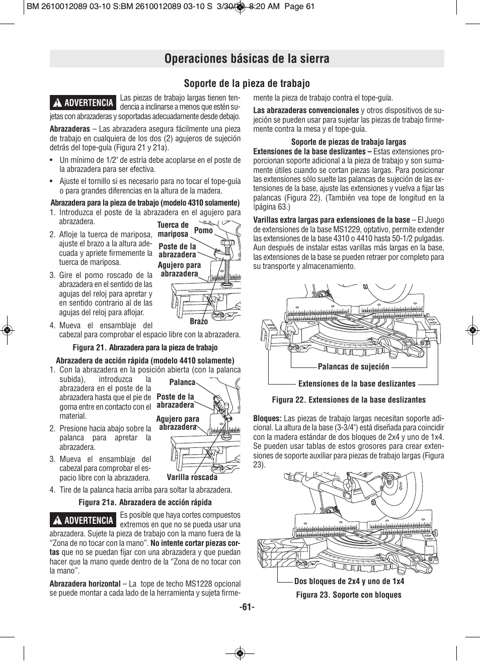 Operaciones básicas de la sierra, Soporte de la pieza de trabajo | Bosch 4310 User Manual | Page 61 / 120