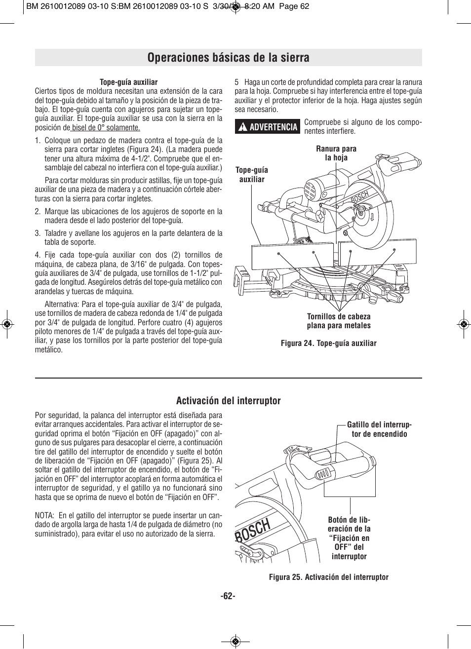 Operaciones básicas de la sierra, Activación del interruptor | Bosch 4310 User Manual | Page 62 / 120