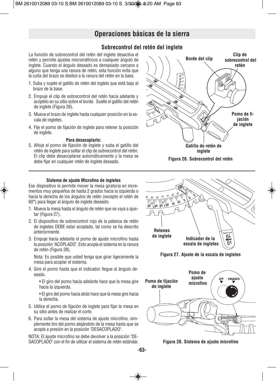 Operaciones básicas de la sierra, Sobrecontrol del retén del inglete | Bosch 4310 User Manual | Page 63 / 120