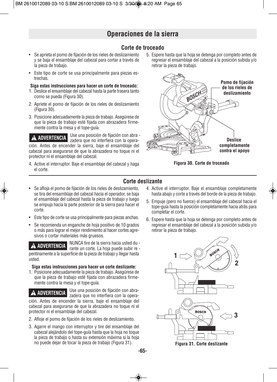 Operaciones de la sierra, Corte de troceado, Corte deslizante | Bosch 4310 User Manual | Page 65 / 120