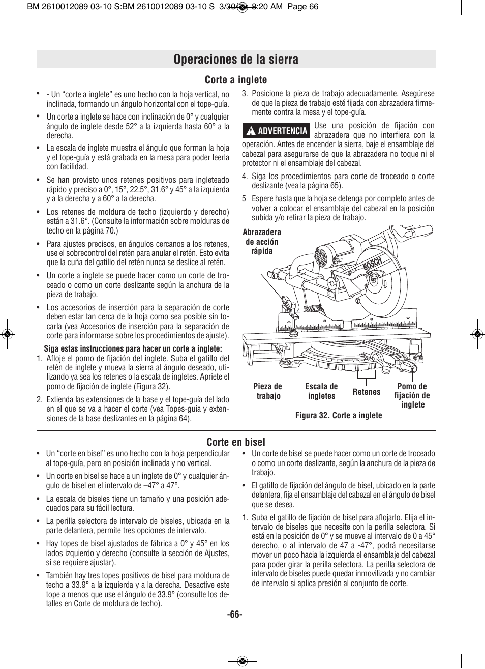 Operaciones de la sierra, Corte a inglete, Corte en bisel | Bosch 4310 User Manual | Page 66 / 120