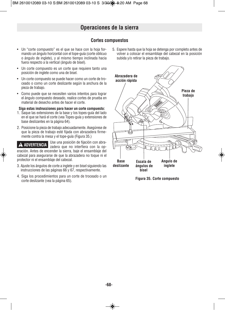 Operaciones de la sierra, Cortes compuestos | Bosch 4310 User Manual | Page 68 / 120