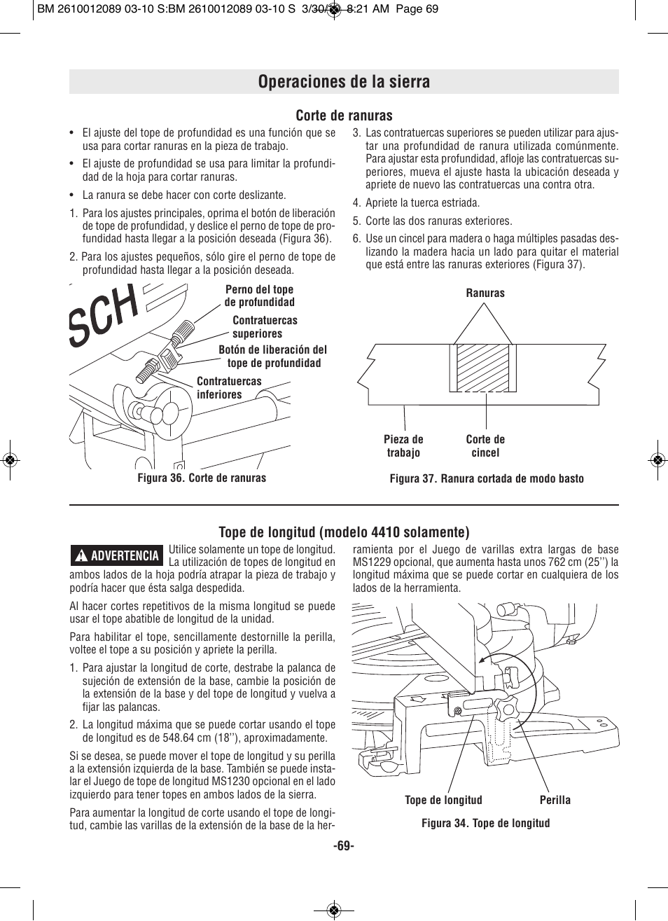 Operaciones de la sierra, Corte de ranuras, Tope de longitud (modelo 4410 solamente) | Bosch 4310 User Manual | Page 69 / 120