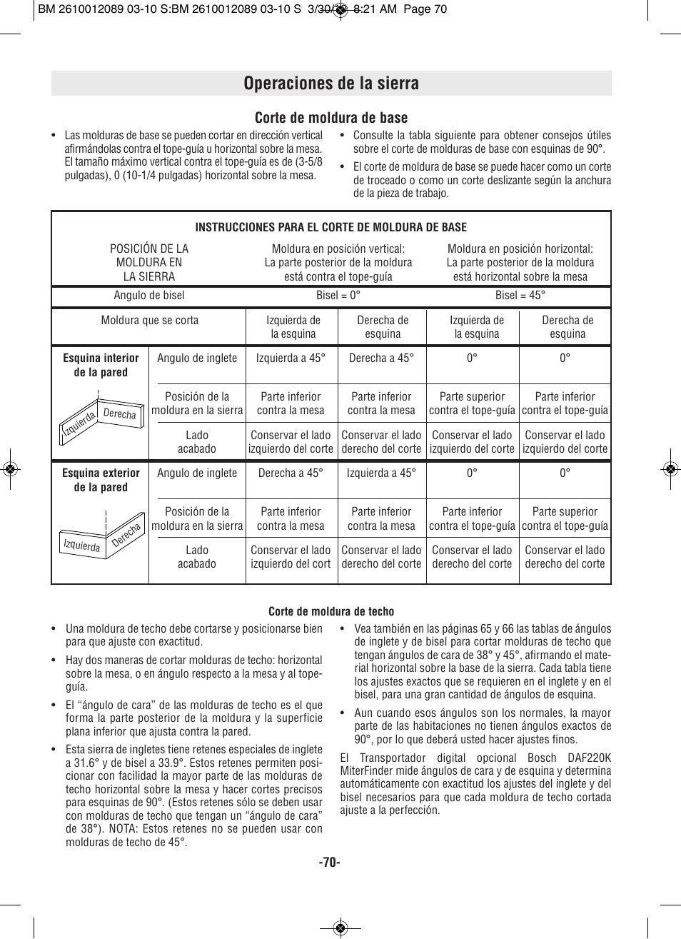 Operaciones de la sierra, Corte de moldura de base | Bosch 4310 User Manual | Page 70 / 120